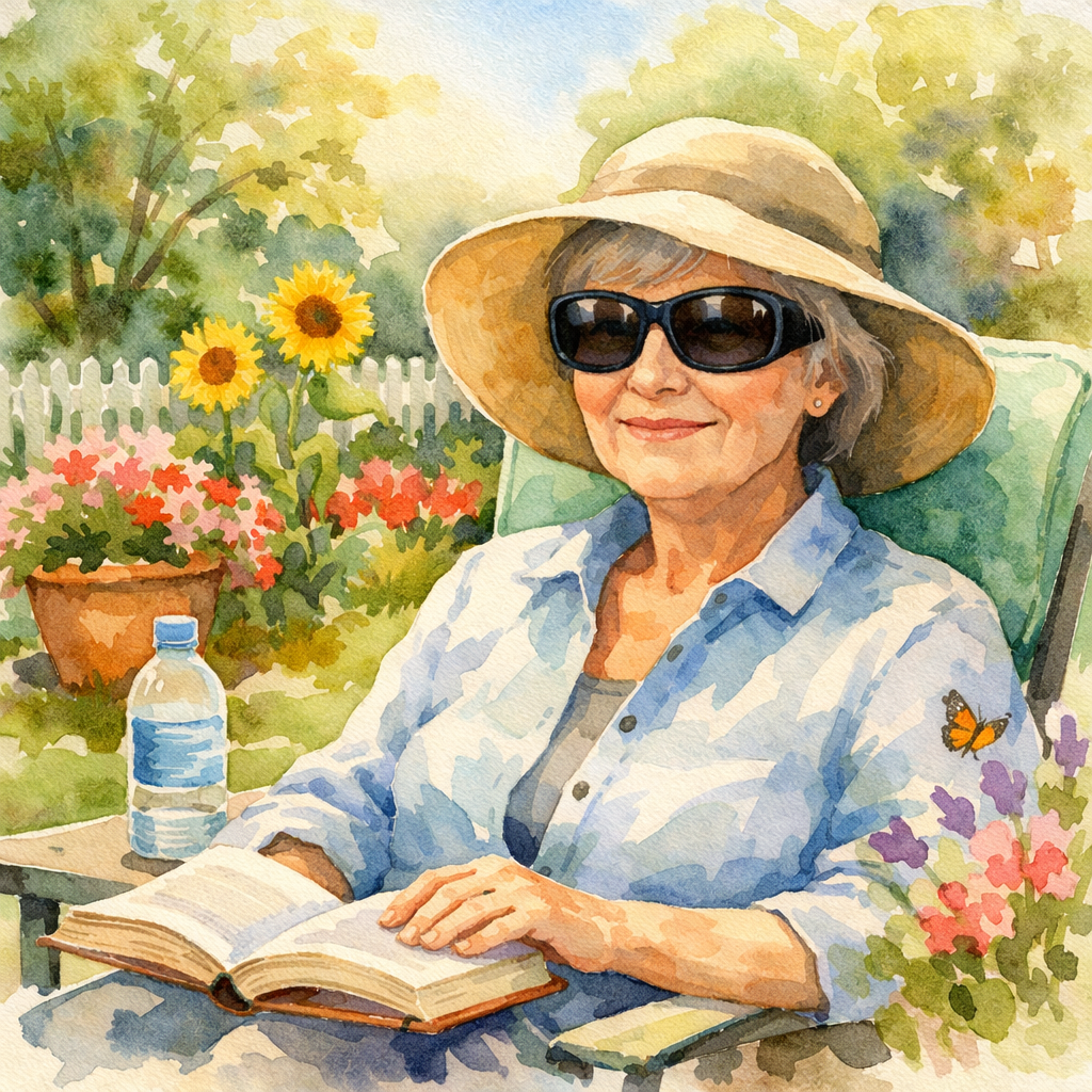 Watercolor scene of a sunny garden with a person wearing sunglasses and a gentle smile, showing safe outdoor activity after eye surgery. Alt: cataract surgery post‑op outdoor safety visual.