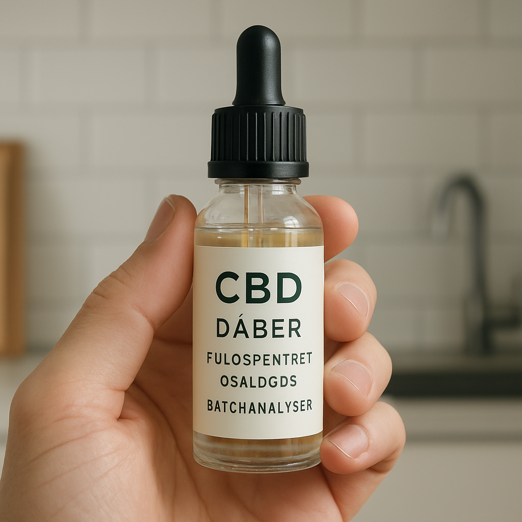 A realistic image of a hand holding a clear bottle of cbd oil with droplets, set against a minimalistic kitchen counter, showing the bottle's label clearly visible. Alt: cbd dråber batchanalyser