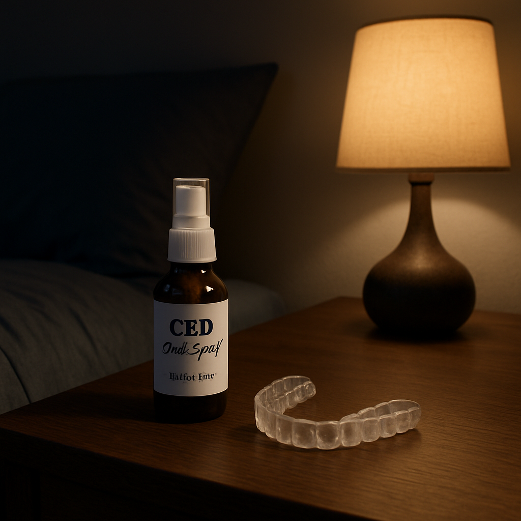 A calm nighttime bedroom scene with a bedside table holding a CBD oral spray bottle, a soft night‑guard, and a dim lamp. Alt: Nighttime oral care routine with CBD spray for bruxism relief.