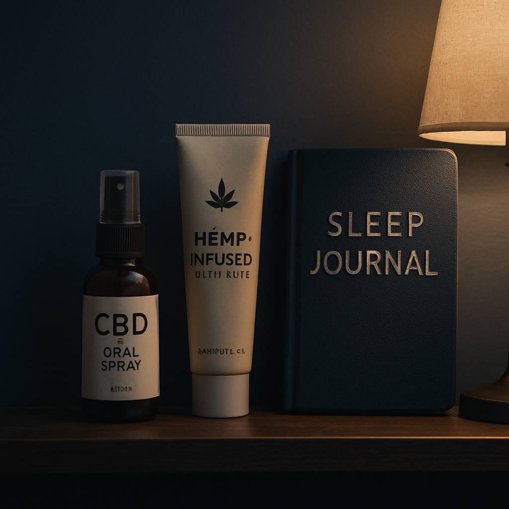 A night‑time bathroom shelf with a sleek CBD oral spray bottle, a hemp‑infused toothpaste tube, and a sleep journal beside a dim lamp. Alt: Choosing the right CBD product for bruxism – visual guide