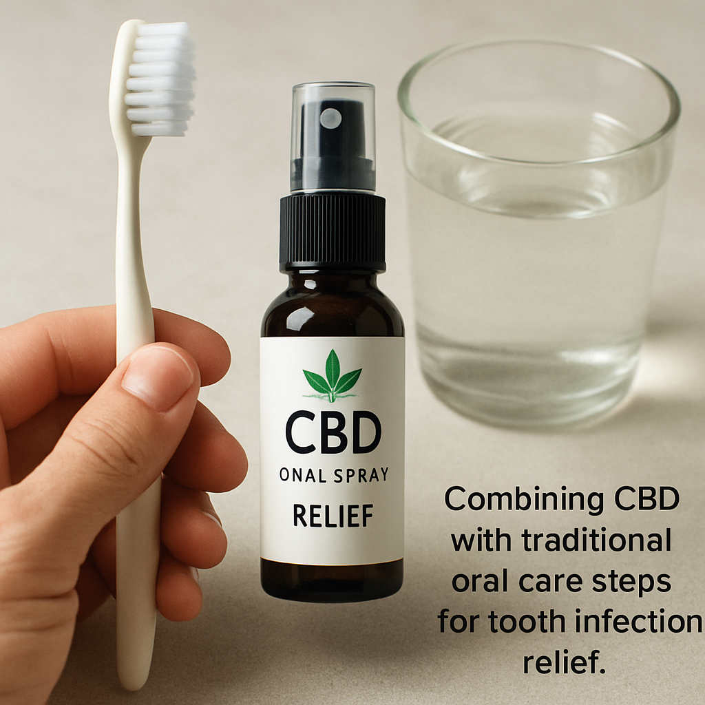 A close‑up of a hand holding a soft‑bristled toothbrush beside a small bottle of CBD oral spray, with a glass of warm salt water in the background. Alt: Combining CBD with traditional oral care steps for tooth infection relief.