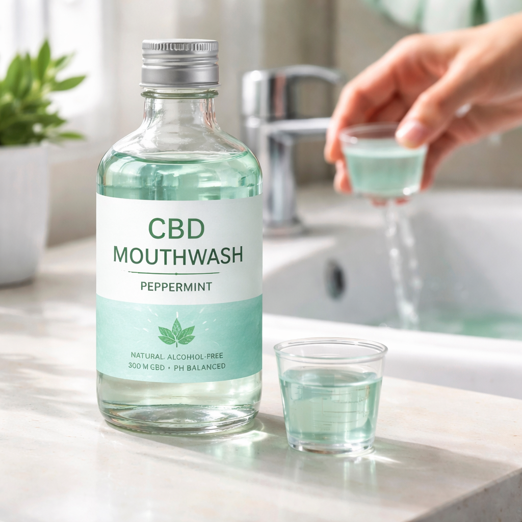 A photorealistic close‑up of a clear glass bottle of CBD mouthwash beside a small measuring cup filled with 10 ml of liquid, a hand gently swishing the rinse in a bathroom sink, soft natural lighting highlighting the product’s sleek label, realistic style, emphasizing hydration and calm.