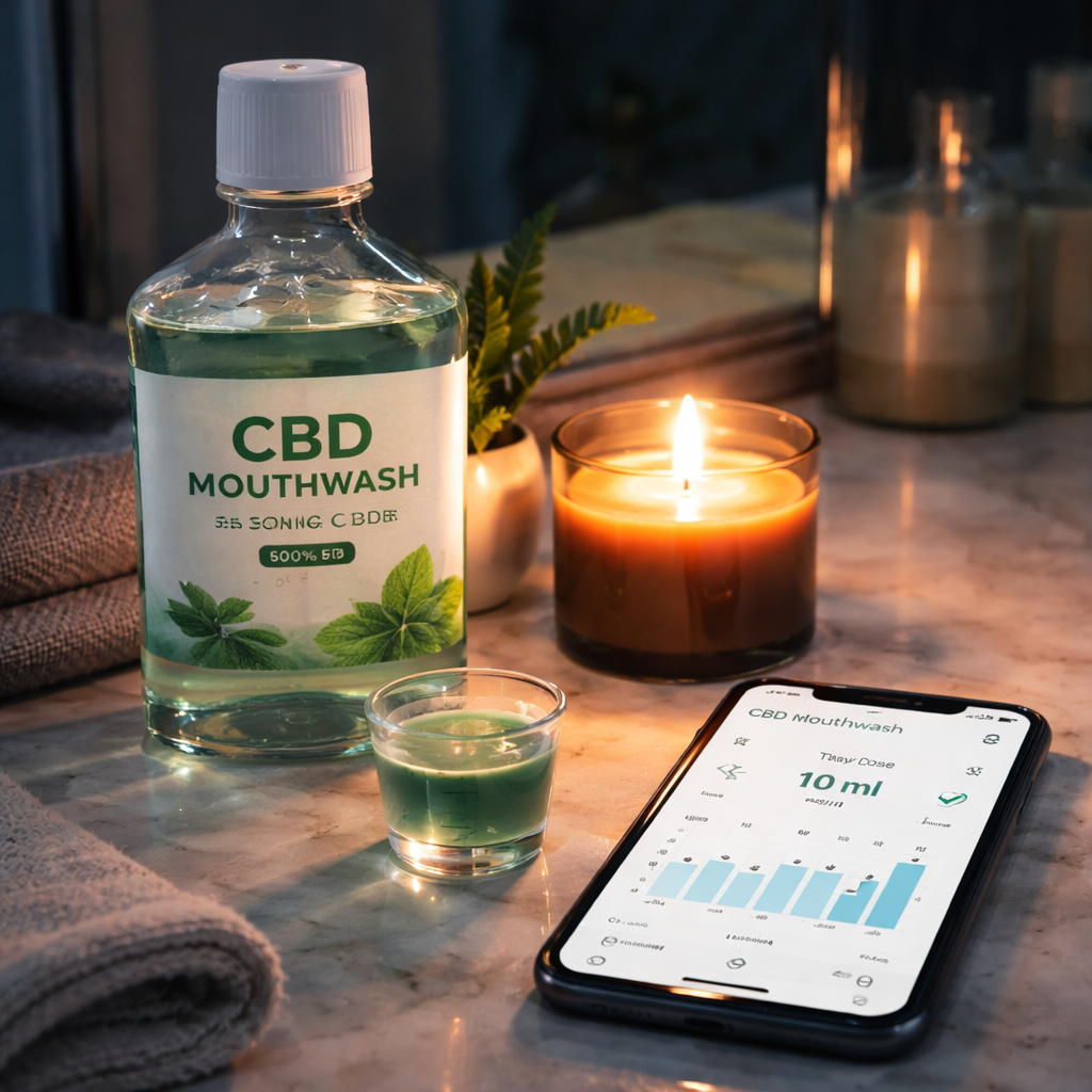 A photorealistic close‑up of a bathroom countertop at night, showing a clear bottle of CBD mouthwash, a small measuring cup with 10 ml of liquid, a soft candle flickering beside a smartphone displaying a simple tracking app. The scene conveys a calm, mindful ritual before sleep. Alt: Monitoring and adjusting CBD mouthwash routine for dry mouth.