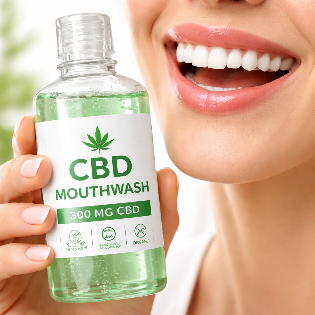 A photorealistic close‑up of a hand holding a clear bottle of CBD mouthwash next to a smiling person’s open mouth, showing healthy pink gums. Realism style, bright natural lighting, targeting adults 18‑70 who care about oral health.