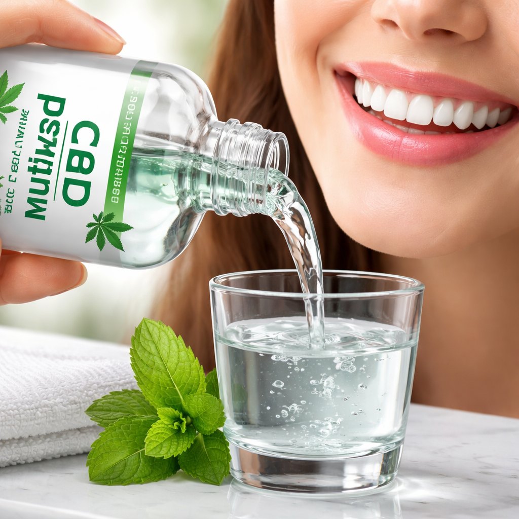 A photorealistic close‑up of a hand pouring clear CBD mouthwash into a glass, next to a smiling person showing pink, healthy gums. Alt: CBD mouthwash for healthy gums.