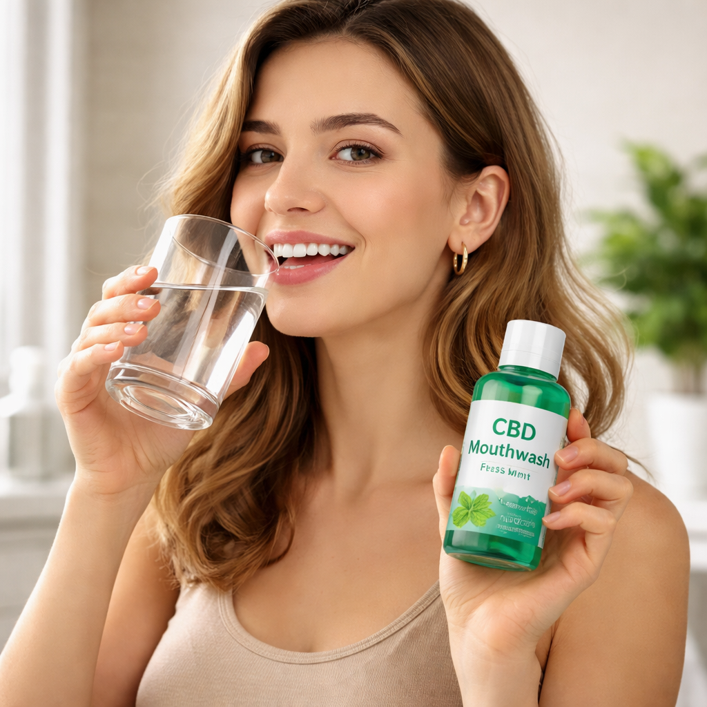 A realistic scene of a person sipping water, holding a small travel bottle of mouthwash, and smiling confidently. Alt: cbd mouthwash for morning breath daily maintenance visual.