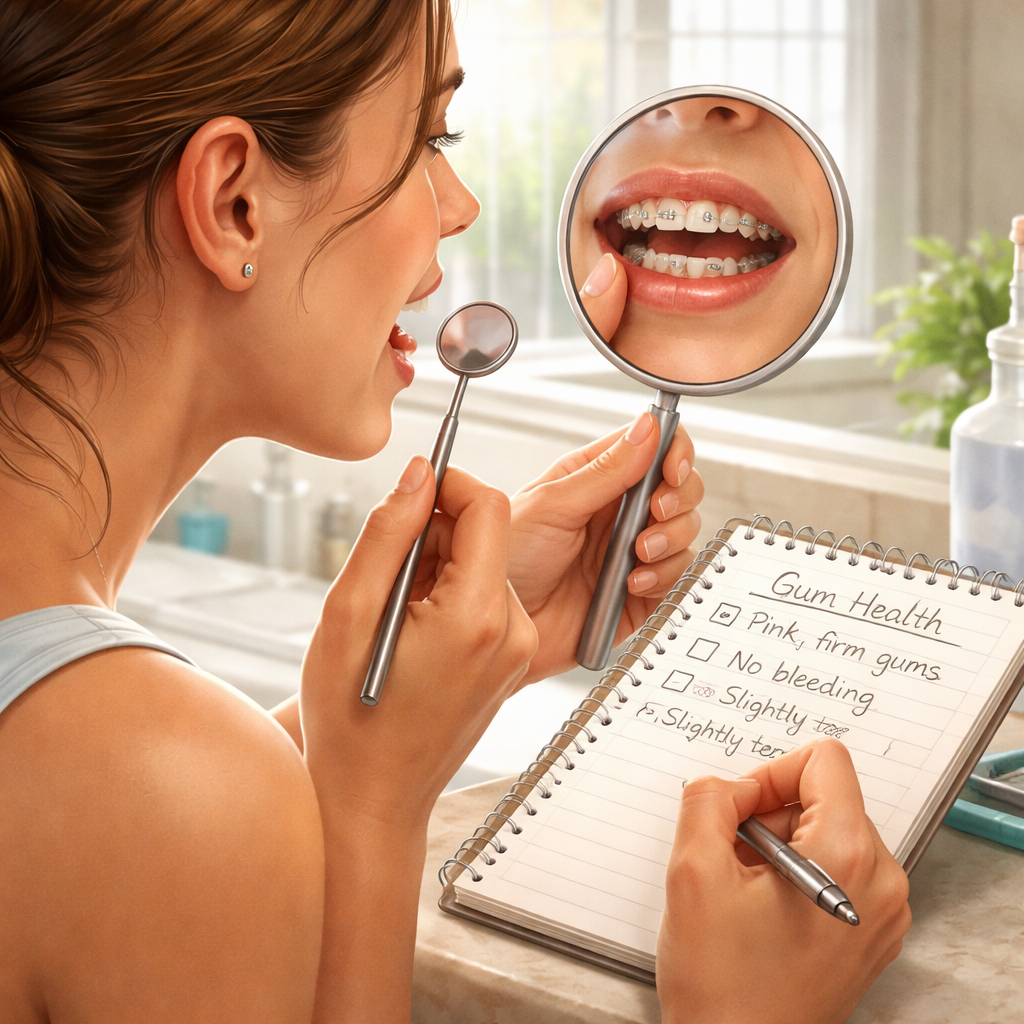 A realistic illustration of a patient checking their gum line with a mirror, noting pinkness and recording observations in a notebook. Alt: monitoring post‑orthodontic gum health