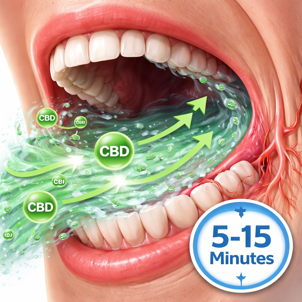 A realistic illustration of a mouth with arrows showing CBD molecules moving from the rinse into gum tissue, highlighting the 5‑15 minute absorption window. Alt: CBD mouthwash absorption timeline diagram.