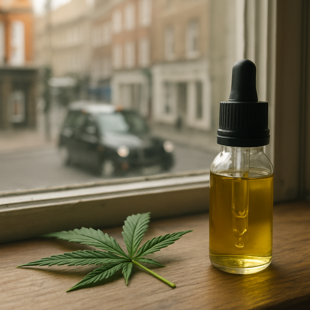 A glass dropper of solventless CBD oil beside a small plant leaf, with light from a window reflecting off the droplet. Alt: Solventless CBD oil dropper next to hemp leaf.