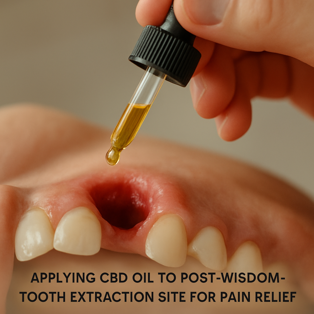 Close‑up of a hand holding a dropper above a fresh dental extraction socket, with soft natural lighting. Alt: Applying CBD oil to post‑wisdom‑tooth extraction site for pain relief.