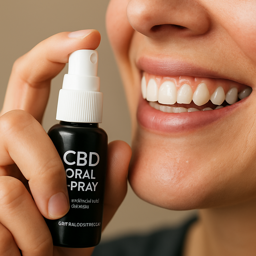 A close‑up of a hand holding a sleek CBD oral spray bottle, droplets glistening on the gum line of a smiling person. Alt: CBD oral spray being applied to gums for inflammation relief.
