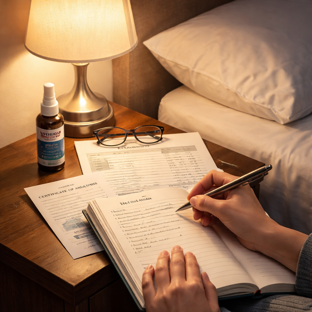 A realistic illustration of a person writing in a sleep journal beside a bedside lamp, with a spray bottle and a COA sheet on the nightstand. Alt: monitoring sleep after using cbd oral spray before bed