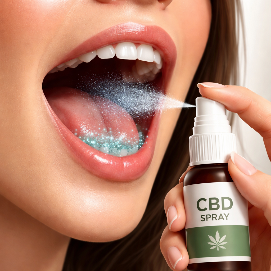 A realistic illustration of a sublingual CBD spray being held near a mouth, with droplets highlighted to show fast absorption. Alt: close‑up of oral spray absorption concept.