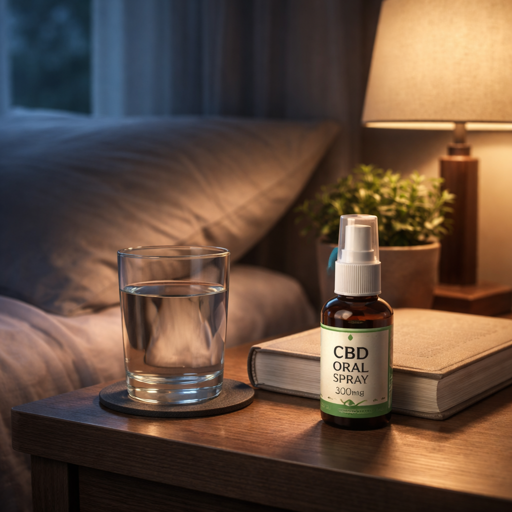 A realistic bedroom scene at night with a nightstand holding a water glass, a book, and a small bottle of CBD oral spray, soft moonlight filtering through curtains. Alt: bedtime wellness setup with CBD spray.