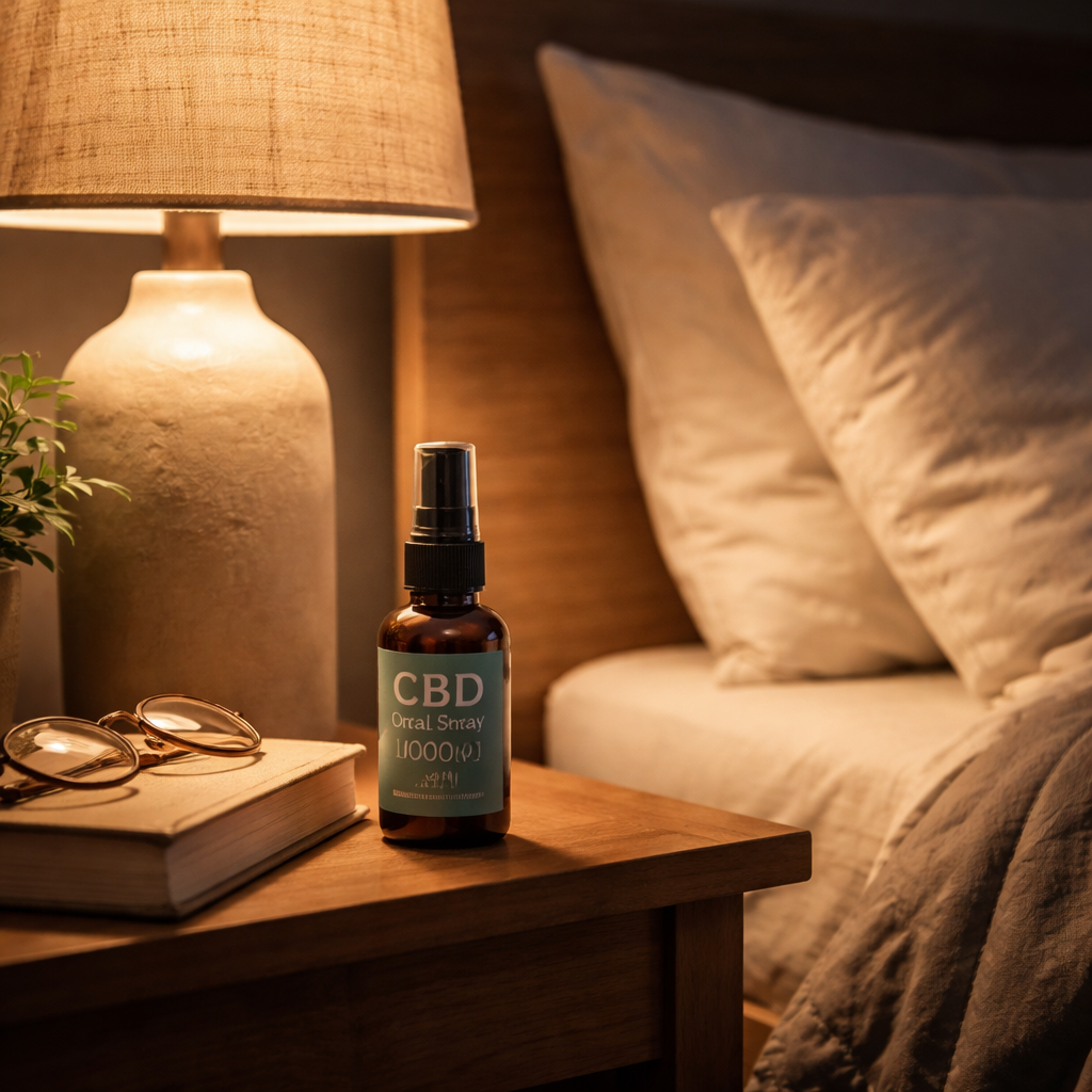 A realistic scene of a calm bedroom with dim lighting, a bedside table holding a spray bottle, a book, and soft pillows. Alt: bedtime routine with cbd oral spray in a relaxing setting
