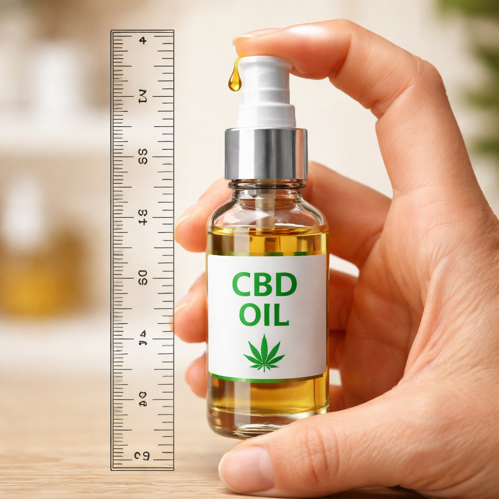 A realistic close‑up of a hand holding a clear glass bottle with a spray nozzle, a drop of oil glistening, and a ruler next to it to show measurement. Alt: “cbd oral spray dosage calculation illustration”