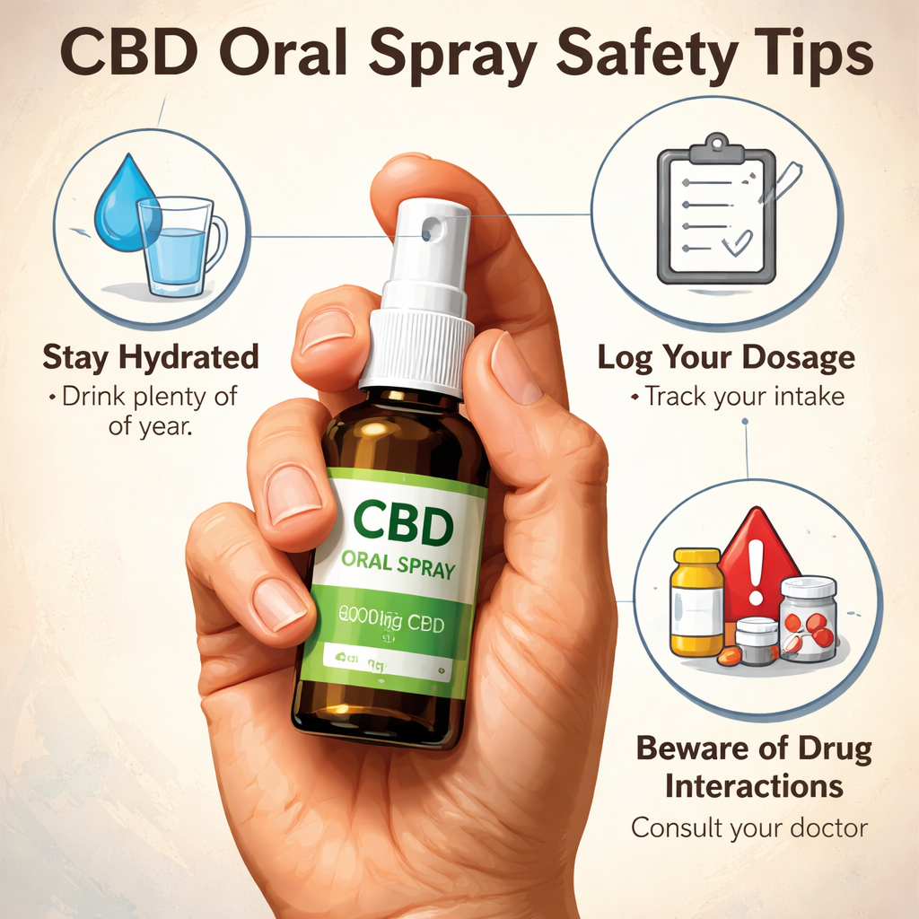 Realistic illustration of a person holding a CBD oral spray bottle, with icons showing hydration, dosage log, and a warning sign for drug interactions. Alt: “cbd oral spray safety tips diagram”