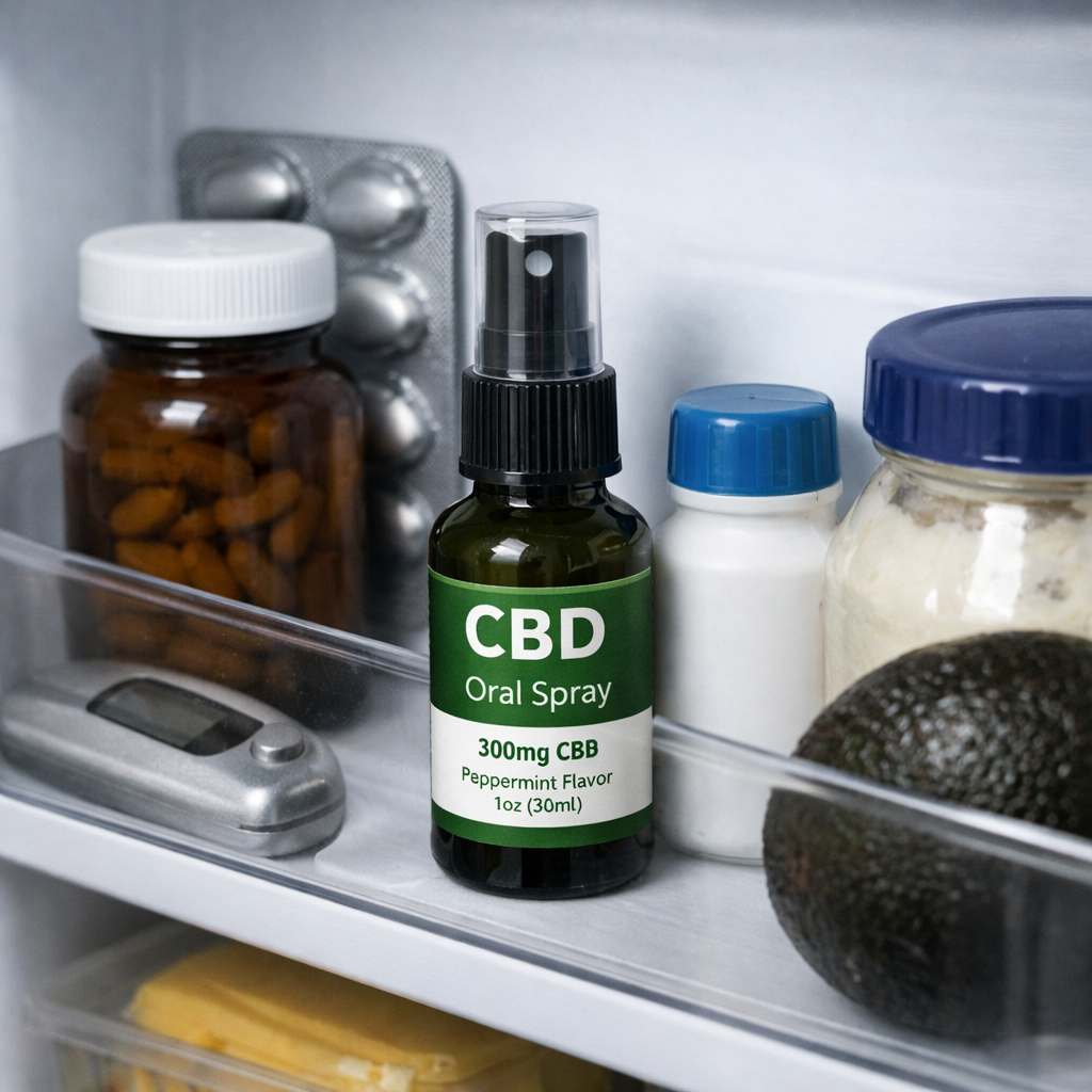 A photorealistic image of a refrigerator door with a CBD oral spray bottle next to other daily items, indicating proper cool storage. Alt: Safely storing CBD oral spray in a cool, dark place to preserve potency.