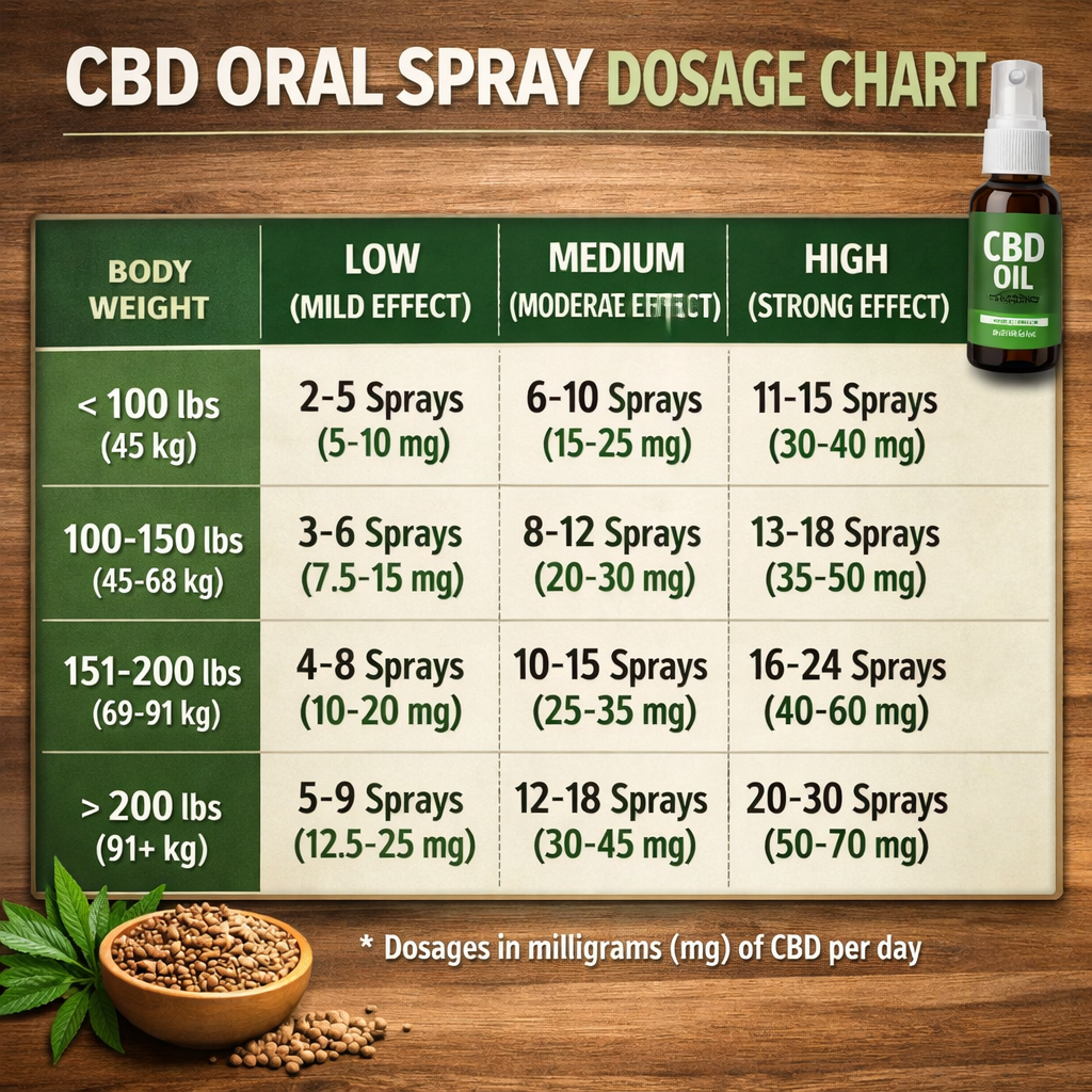 A realistic infographic showing a chart of CBD oral spray dose ranges for different body weights and desired effects. Alt: cbd oral spray dosage chart
