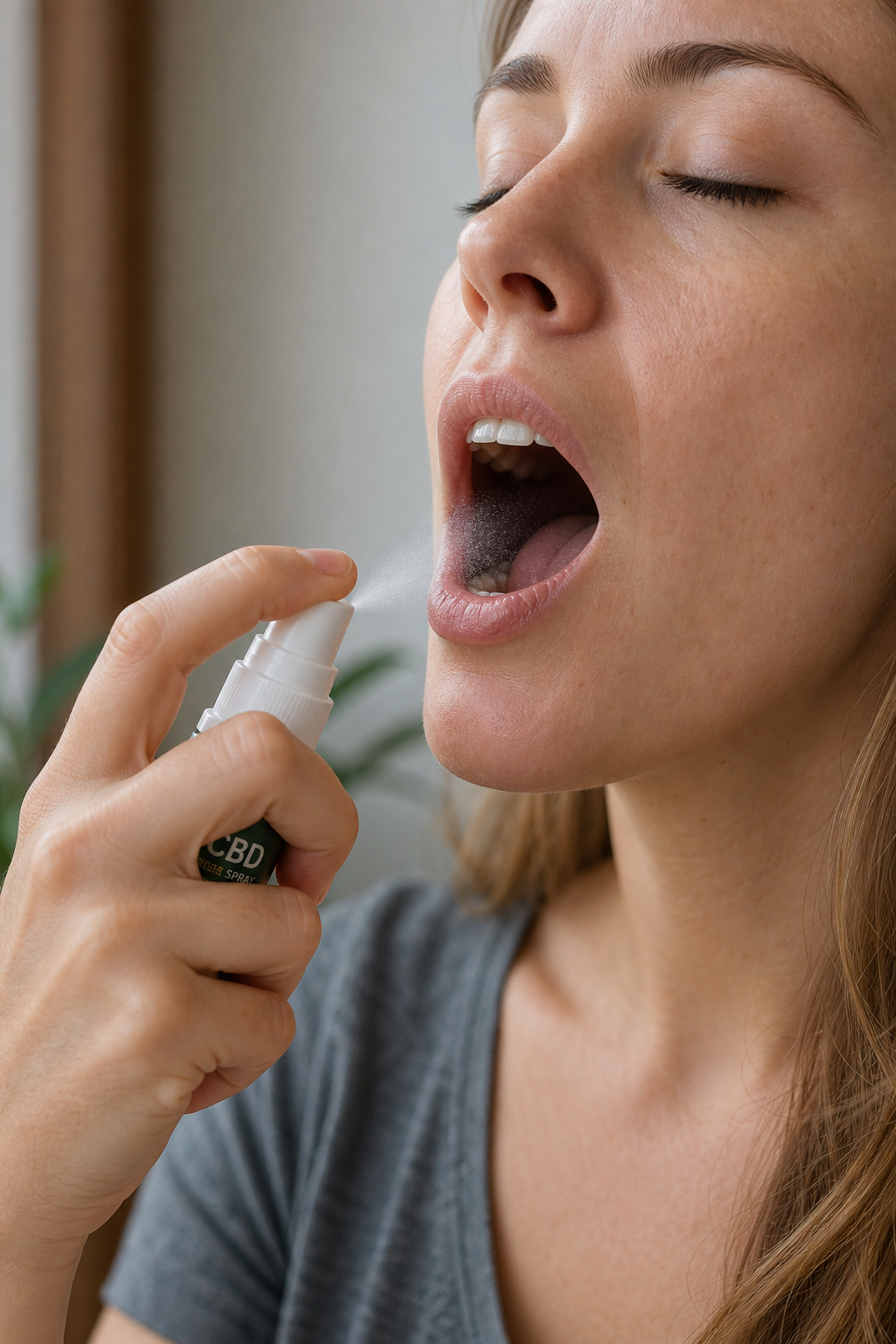 A photorealistic close-up of a person's hand holding a small spray bottle misting into an open mouth, with soft natural lighting and a calm expression. Alt: Woman using CBD oral spray for anxiety relief sublingually.
