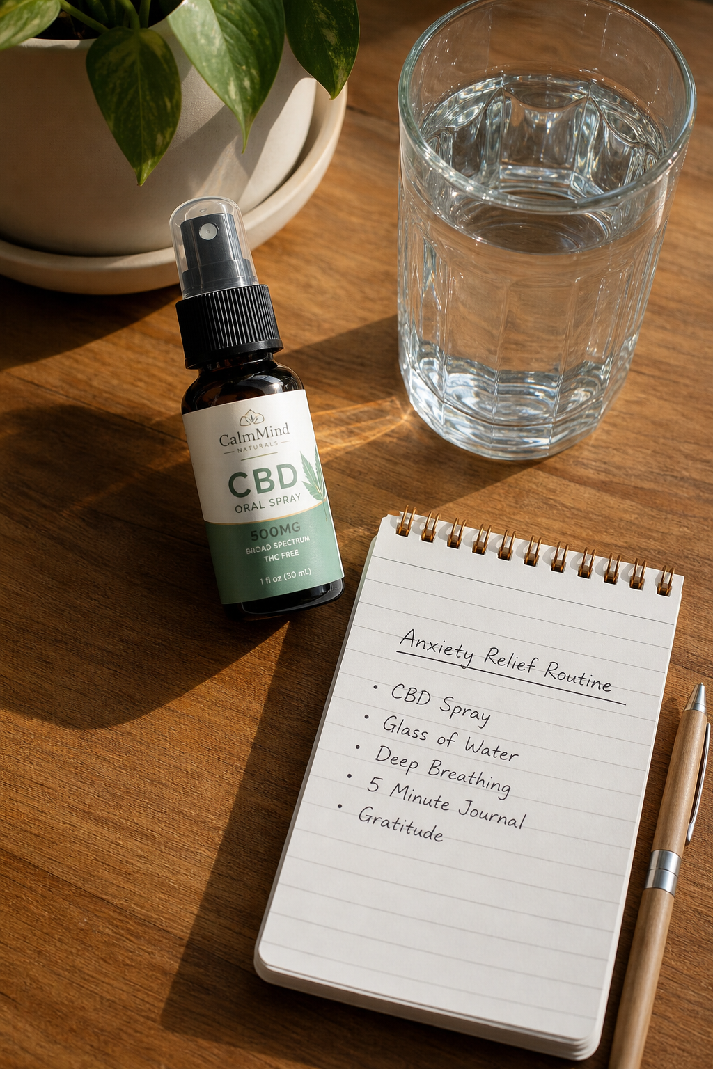 A photorealistic overhead shot of a CBD spray bottle, a glass of water, and a small notepad on a wooden desk, with soft morning sunlight. Alt: Things to keep near your CBD oral spray for anxiety relief routine.