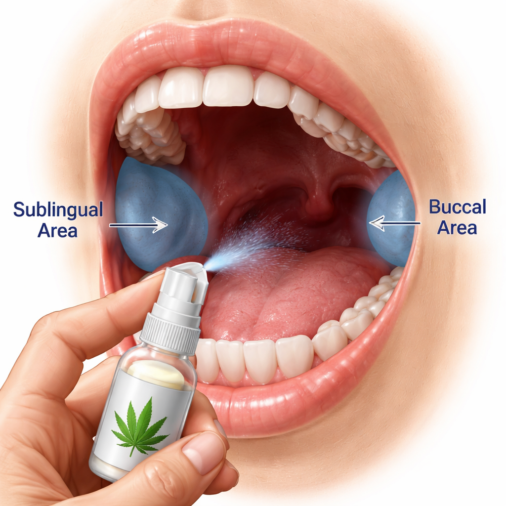 A realistic illustration of a mouth diagram showing where a cbd oral spray is applied, highlighting sublingual and buccal areas. Alt: cbd oral spray application diagram