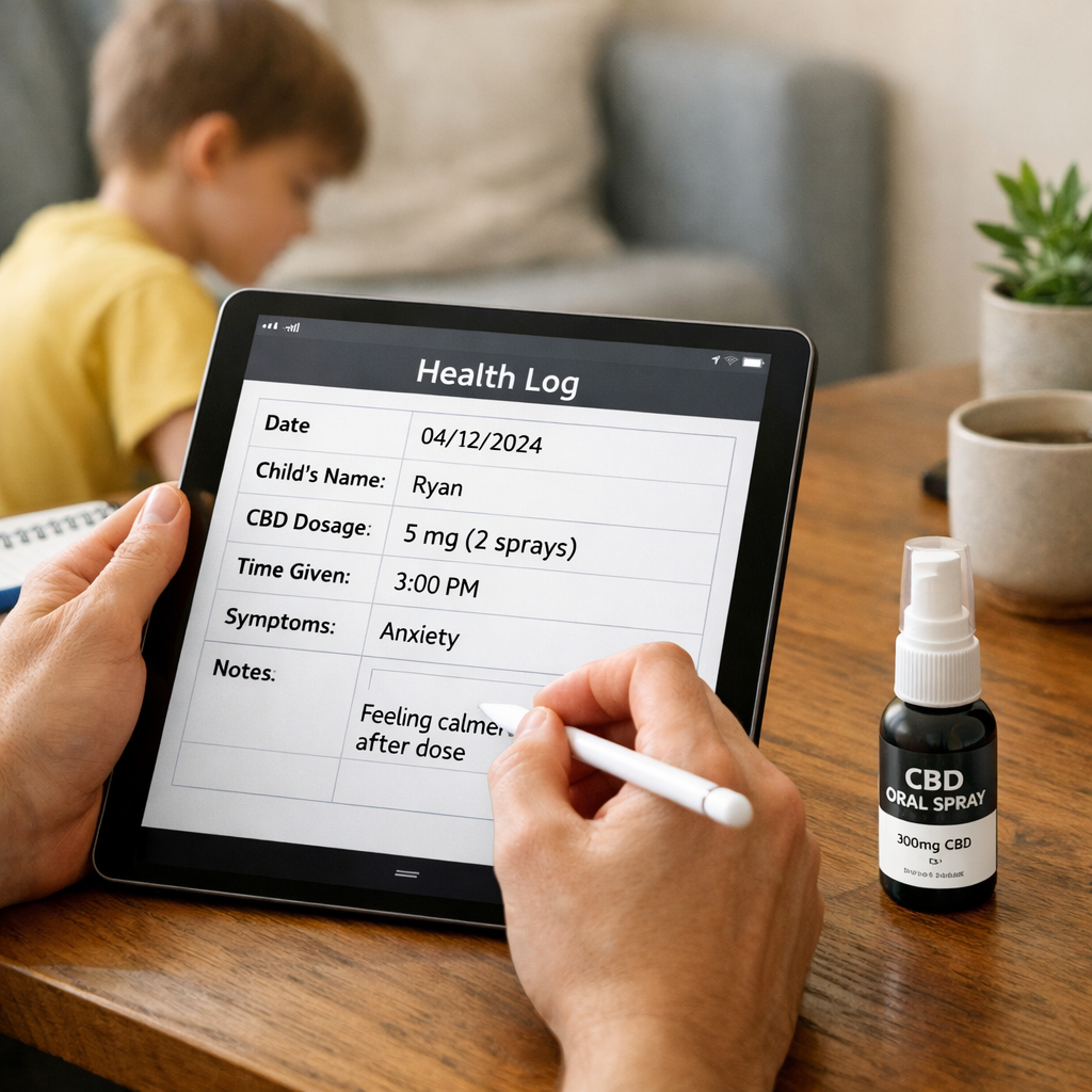 A realistic scene of a parent filling out a health log on a tablet, with a CBD oral spray bottle visible on the desk. Alt: parent recording child’s CBD use in digital log