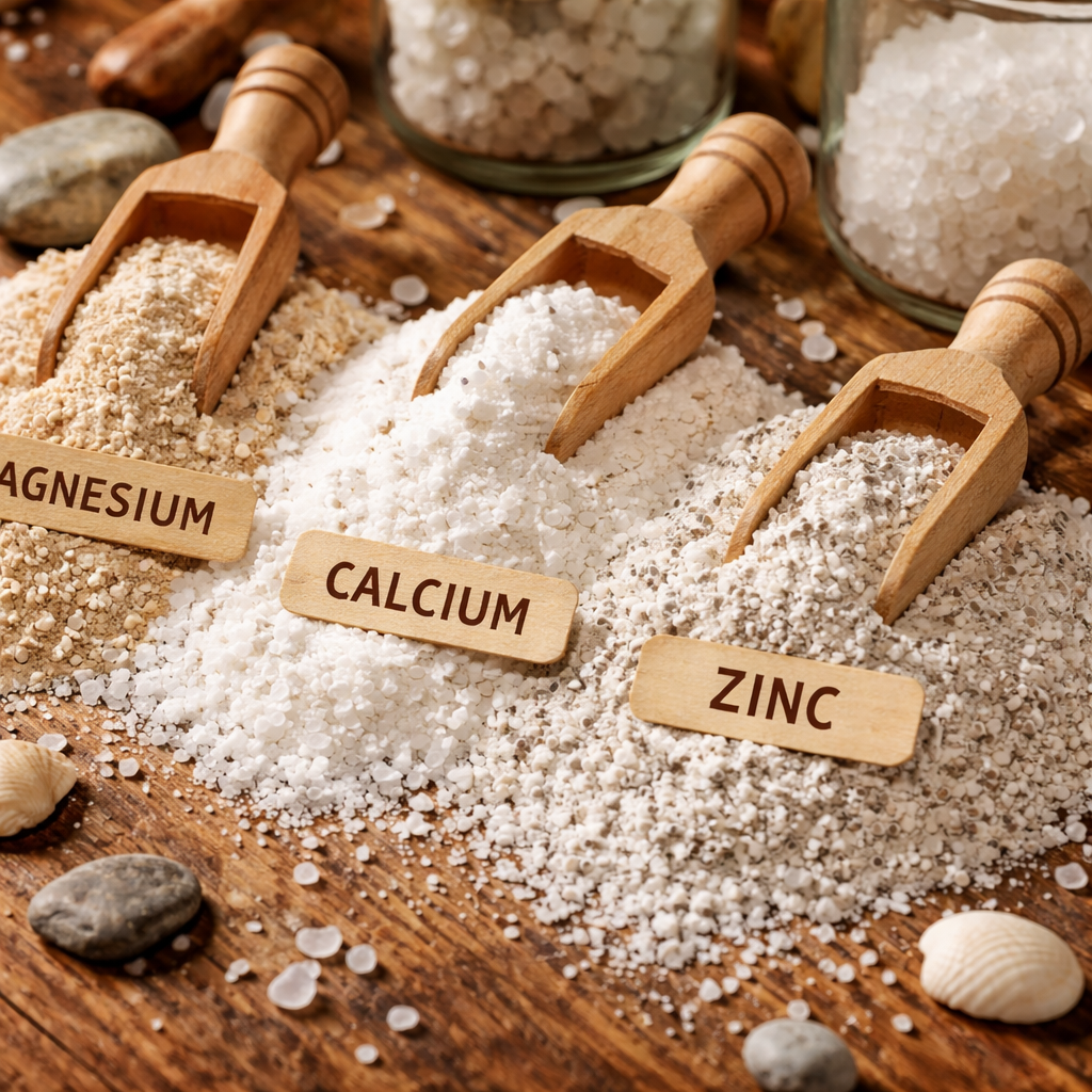 A realistic close‑up of natural minerals like magnesium, calcium, and zinc powders spilling onto a wooden surface, alt=
