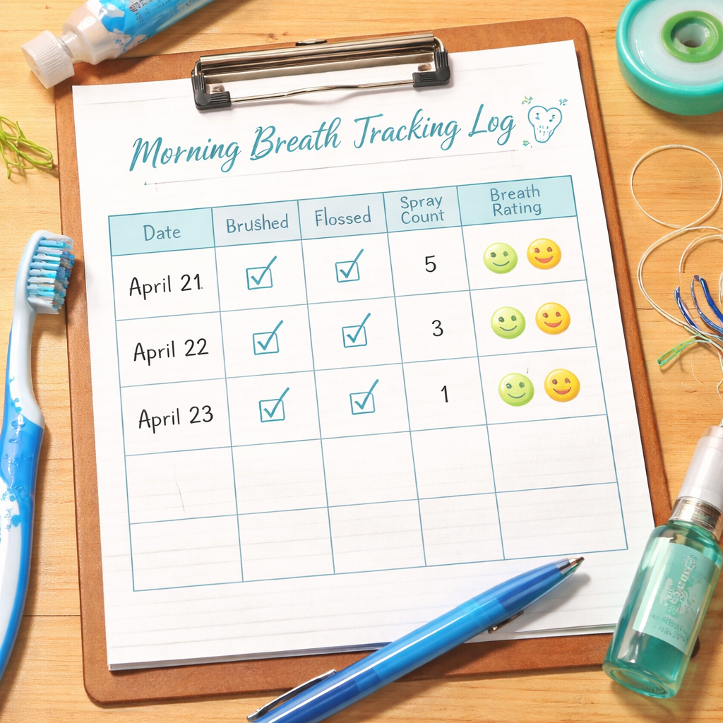 A realistic illustration of a daily log sheet with checkboxes for brushing, flossing, spray count, and breath rating, alt=