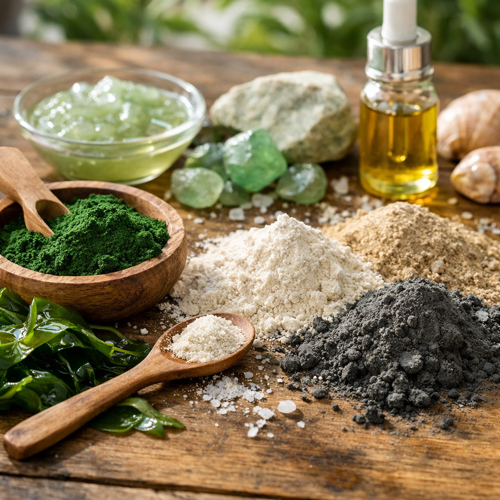 A realistic close‑up of natural mineral powders and algae extracts scattered on a wooden table, soft daylight, high detail, alt=