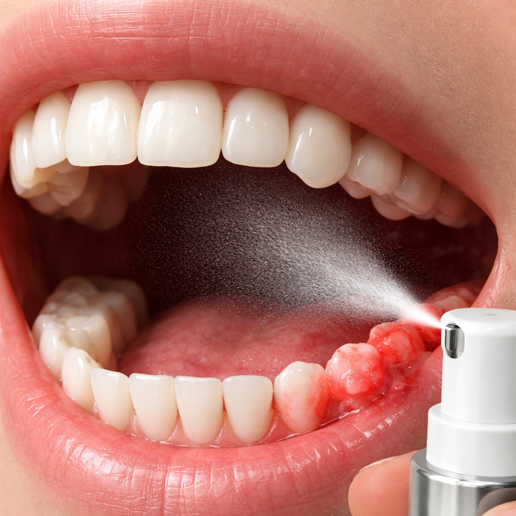 A realistic close‑up of a mouth with a subtle spray mist, showing healthy gums and teeth, alt text: “CBD oral spray interacting with oral tissues, showing normal and irritated areas.”