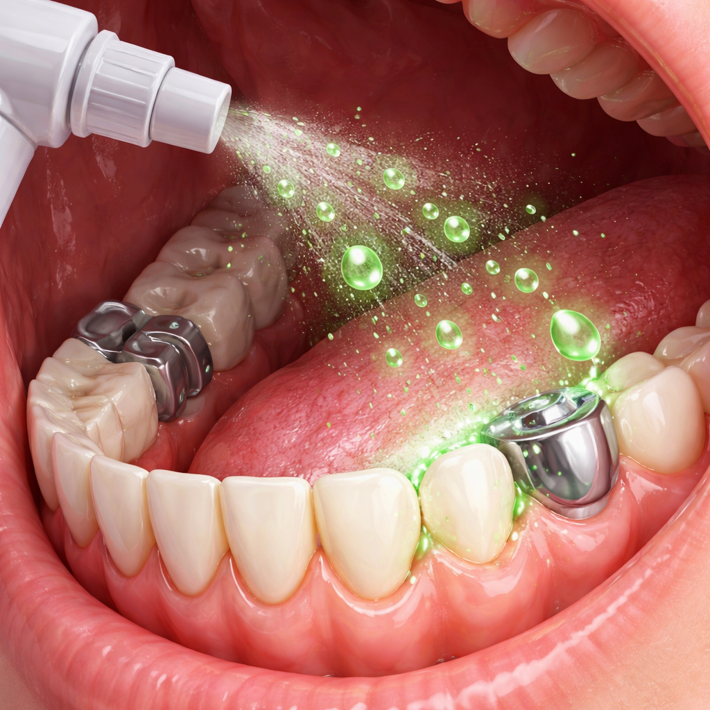 A realistic illustration of a mouth showing how CBD spray droplets interact with gum tissue and dental work, alt text: “Interaction of CBD oral spray with gums, teeth, and dental instruments.”