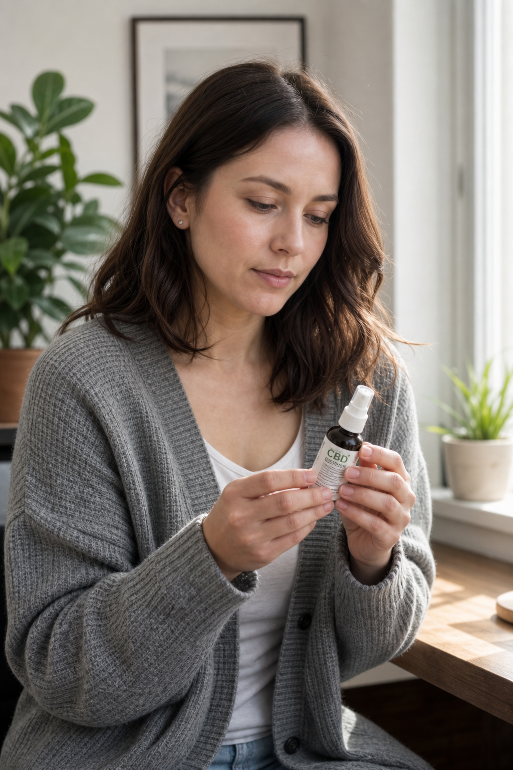 A photorealistic image of a person holding a CBD oral spray bottle, with a notepad and pen nearby showing a checklist. Alt: Person using CBD oral spray and monitoring effects with notebook