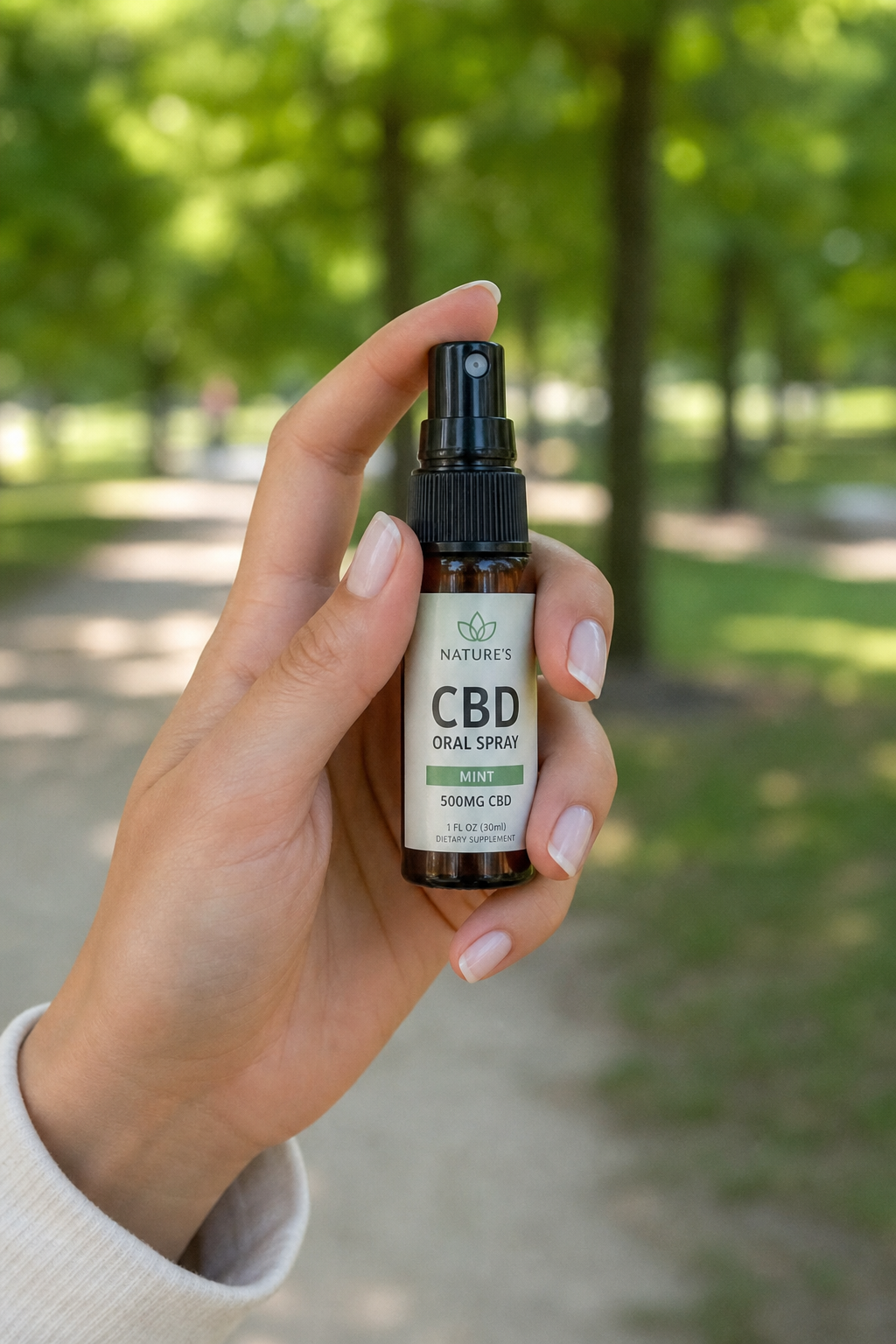 A photorealistic lifestyle shot of a woman's hand holding a small CBD oral spray bottle in a park, with a blurred background of trees. The focus is on the spray nozzle. Alt: Portable CBD oral spray for on-the-go oral care.