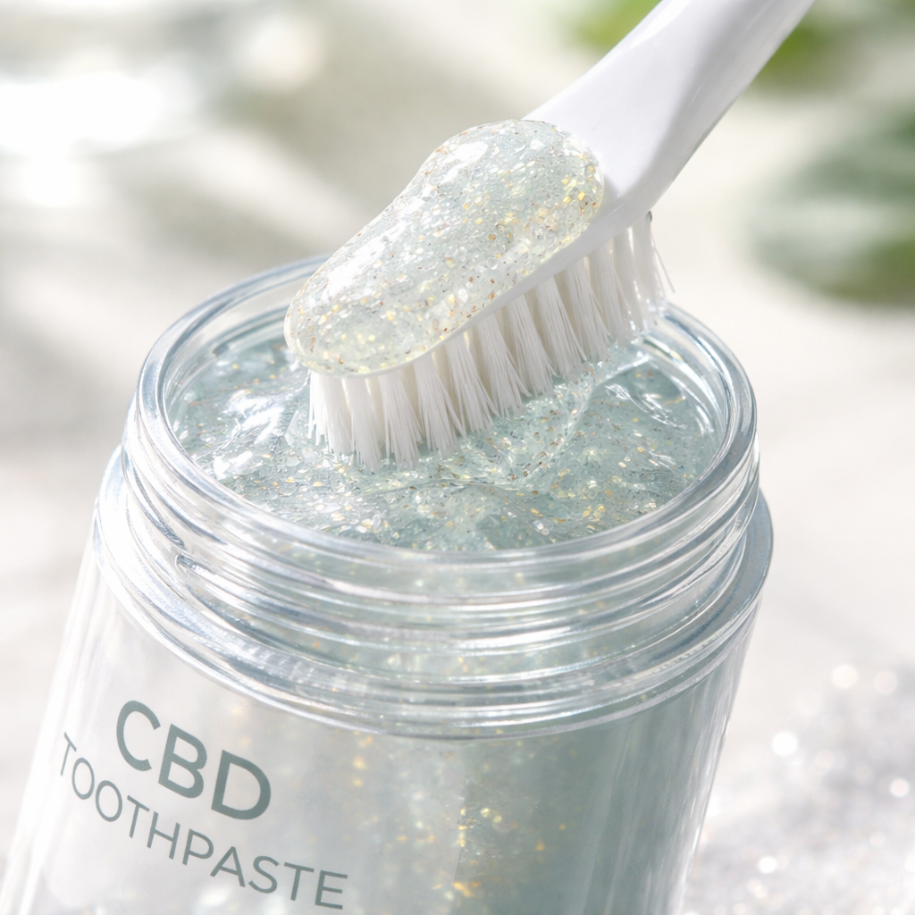 A photorealistic close‑up of a white toothbrush dipping into a clear tube of CBD toothpaste, with tiny sparkling mineral particles visible in the paste, soft natural lighting, realistic style, aimed at adults 18‑70 who care about enamel health and whitening.