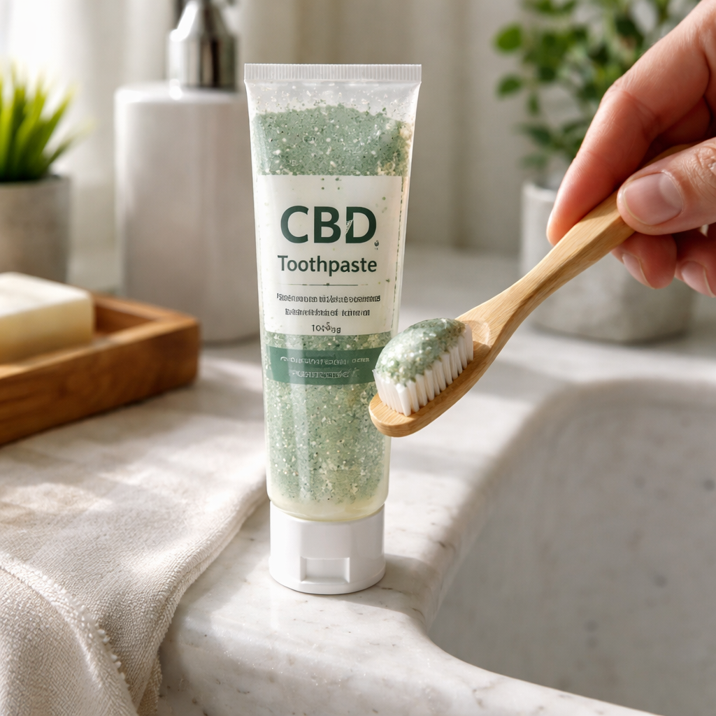 A realistic photo of a bathroom sink scene with a soft‑bristled toothbrush dipped into a clear tube of CBD toothpaste, mineral particles visible, natural morning light, showing a hand holding the brush ready to brush. Alt: CBD toothpaste for enamel protection and whitening routine.