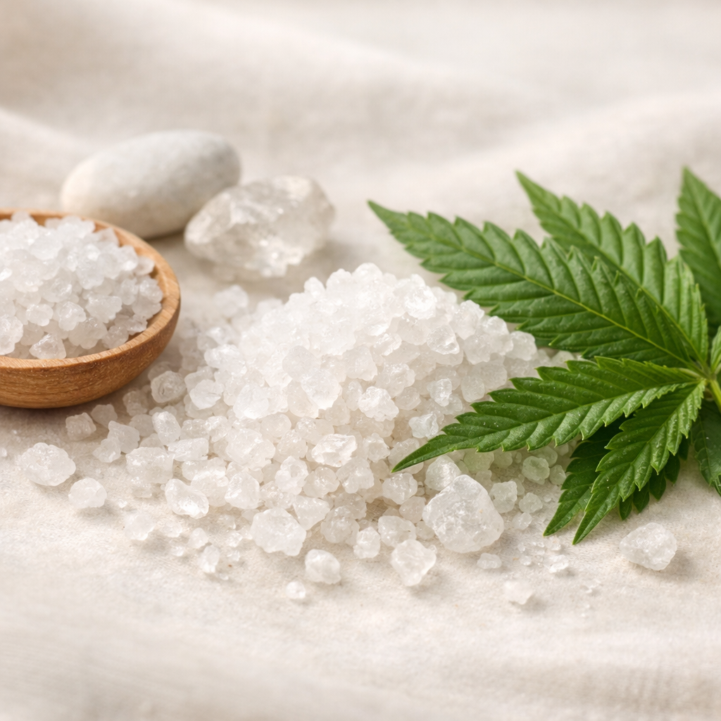 A realistic close‑up of natural minerals like Dead Sea salt crystals and hemp leaves on a soft background, showing texture and purity. Alt: natural mineral ingredients for oral care