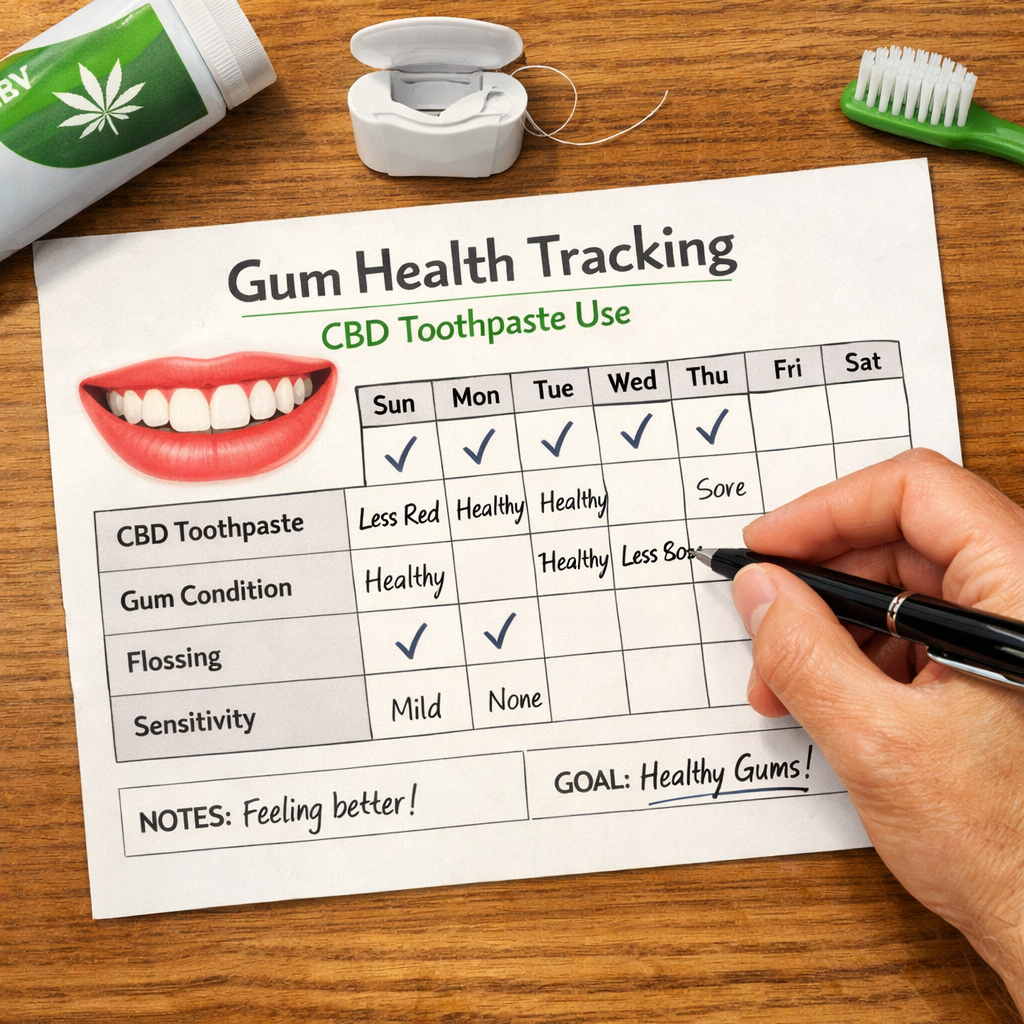 A realistic illustration of a person marking a calendar with gum‑health notes, showing a simple tracking sheet and a smiling gum line. Alt: gum health tracking sheet for cbd toothpaste use