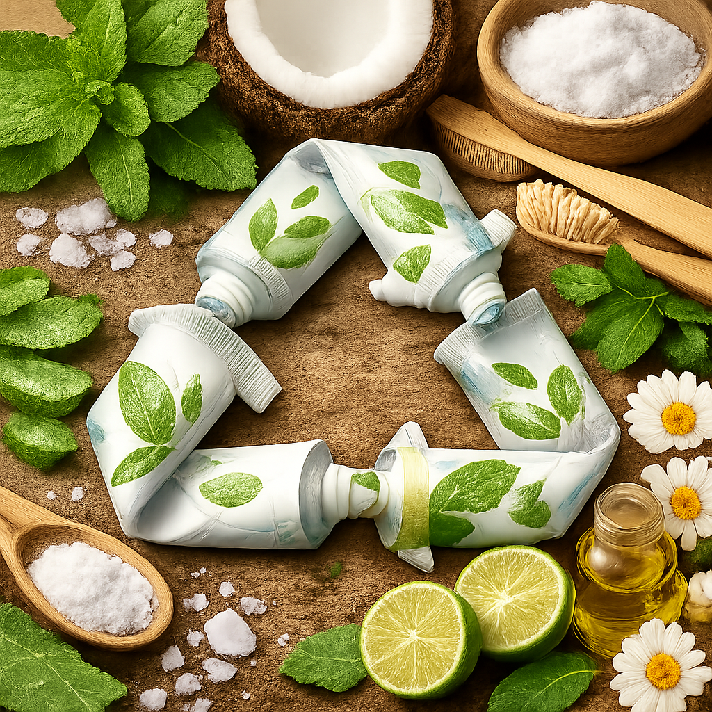 Realistic illustration of a recycling symbol made of toothpaste tubes, with a background of natural ingredients, highlighting eco‑friendly packaging. Alt: eco‑friendly toothpaste packaging, sustainability