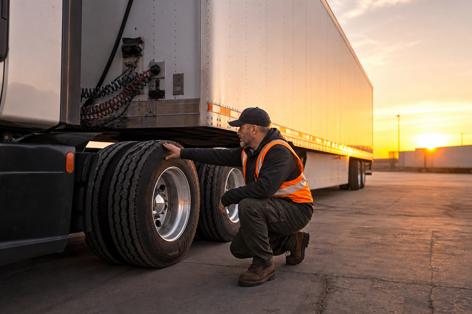 CDL-A driver performing a safe regional truck pre-trip inspection
