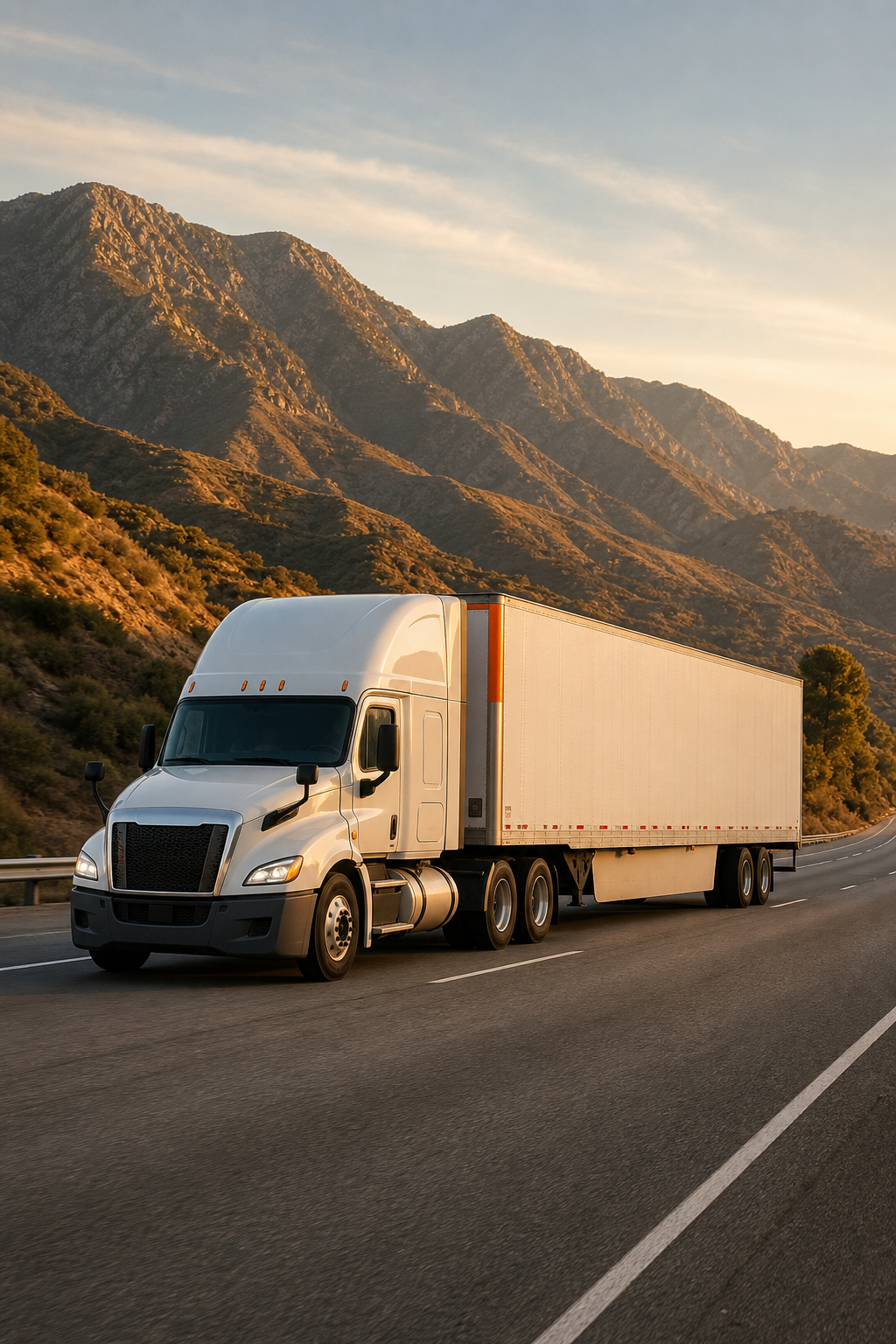 A photorealistic image of a FedEx semi-truck driving on a California highway, with mountains in the background, golden hour lighting. Alt: FedEx truck on California highway