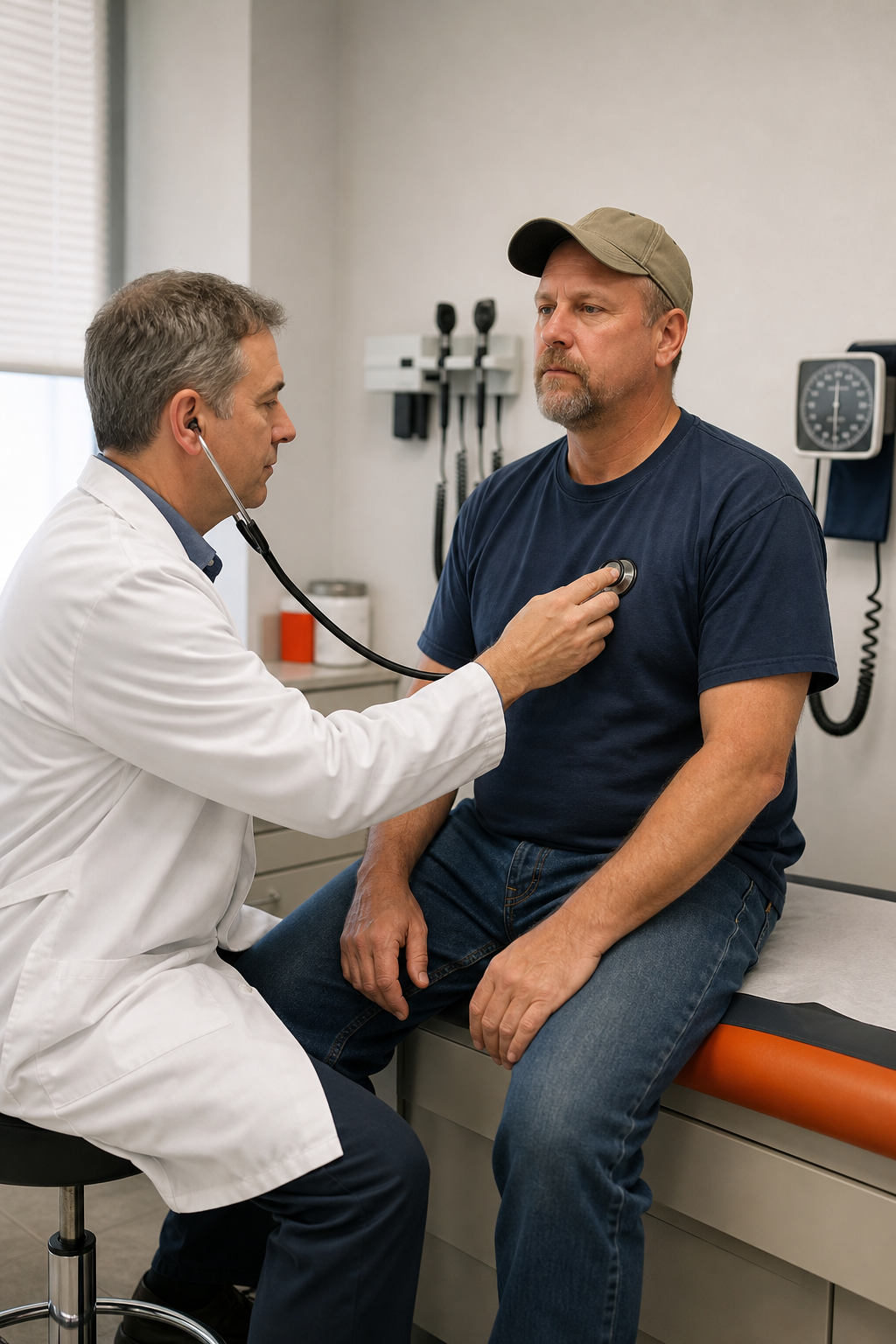 A photorealistic image of a doctor conducting a physical exam on a truck driver in a clinic, with medical equipment visible. Alt: Truck driver getting DOT physical