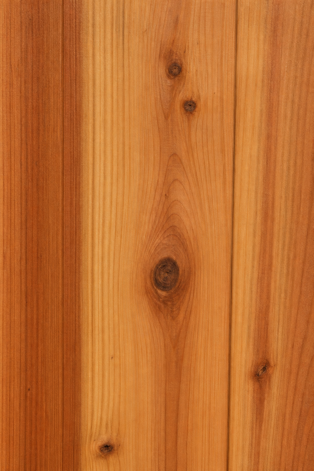 A close-up view of Western red cedar wood grain on a barrel sauna stave, showing natural color variations and knots. Alt: Western red cedar wood texture on barrel sauna.