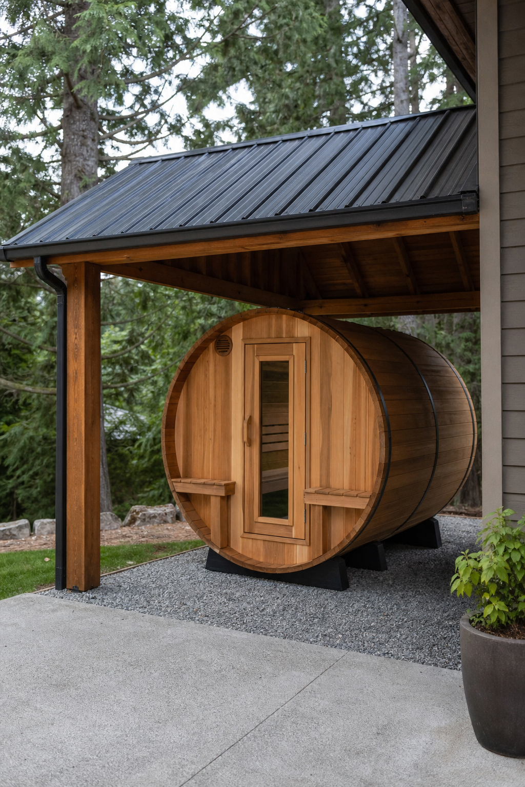 A cedar barrel sauna installed on a gravel pad under a covered patio, with a metal roof added for weather protection. Alt: Cedar barrel sauna outdoor installation with roof cover.