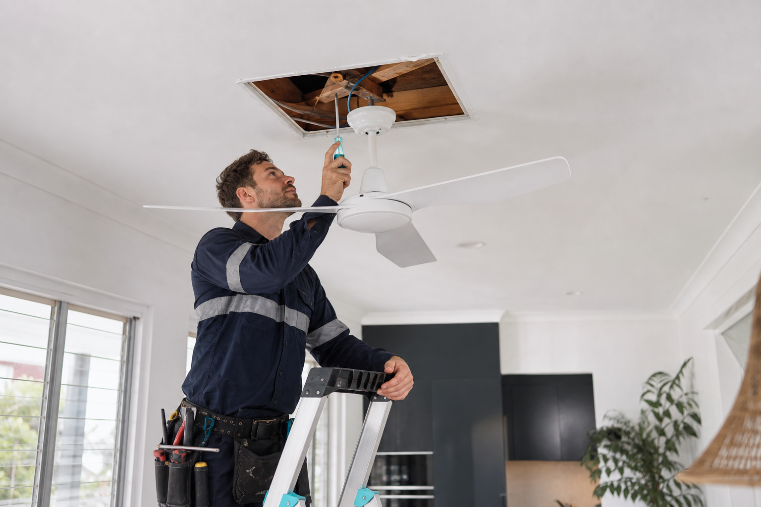 licensed electrician assessing ceiling fan installation point in Brisbane