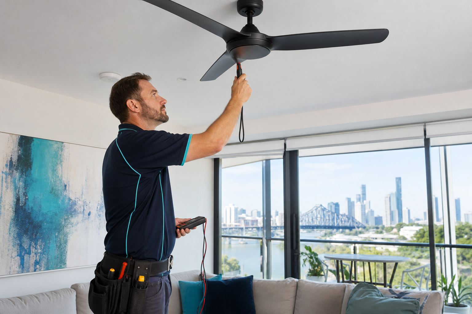 electrician testing and certifying completed ceiling fan installation