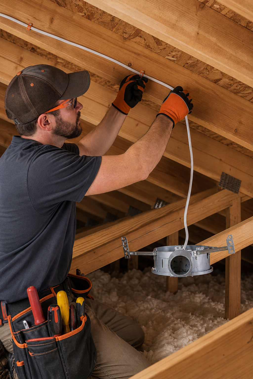 An electrician running electrical cable through an attic space above a room with a new ceiling fan box installed, showing the cable secured to joists. Alt: Running new wiring for ceiling fan installation in attic