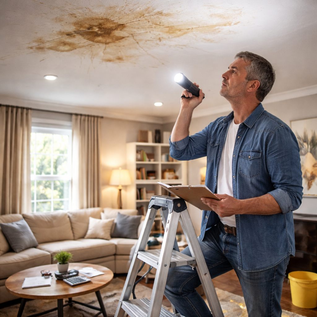 A photorealistic living room scene showing a homeowner inspecting a ceiling water stain with a ladder and flashlight, emphasizing cost factors and repair planning. Alt: ceiling water damage assessment for cost factors and planning.