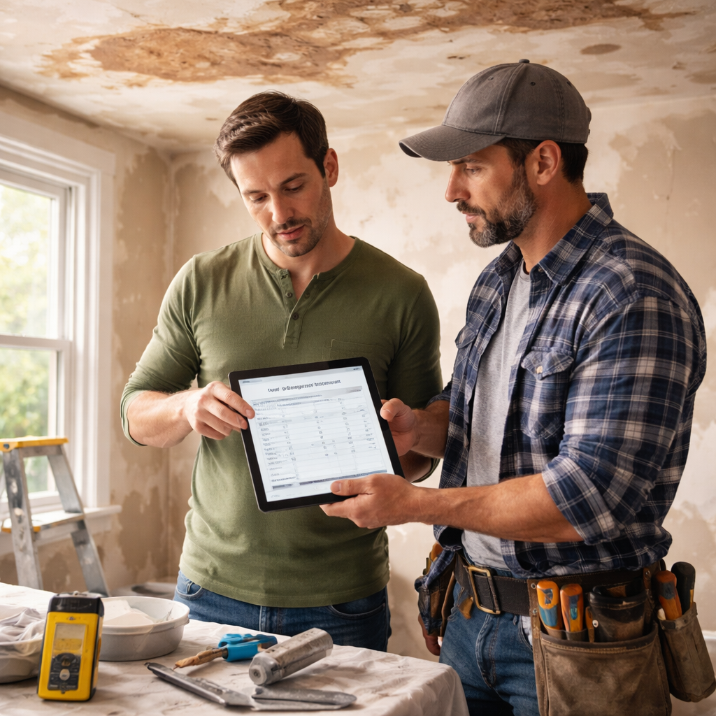 A photorealistic scene of a homeowner and contractor standing under a ceiling with water stains, pointing at a tablet displaying a cost breakdown spreadsheet. The room shows exposed drywall, plaster tools, and a moisture meter, all illuminated by natural daylight streaming through a nearby window. Alt: Detailed view of ceiling water damage repair cost breakdown illustration.