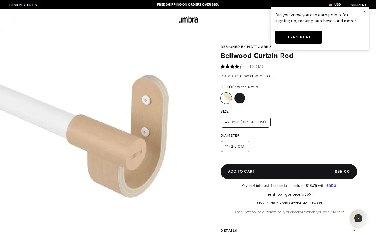 Screenshot of the Bellwood Curtain Rod by Umbra website